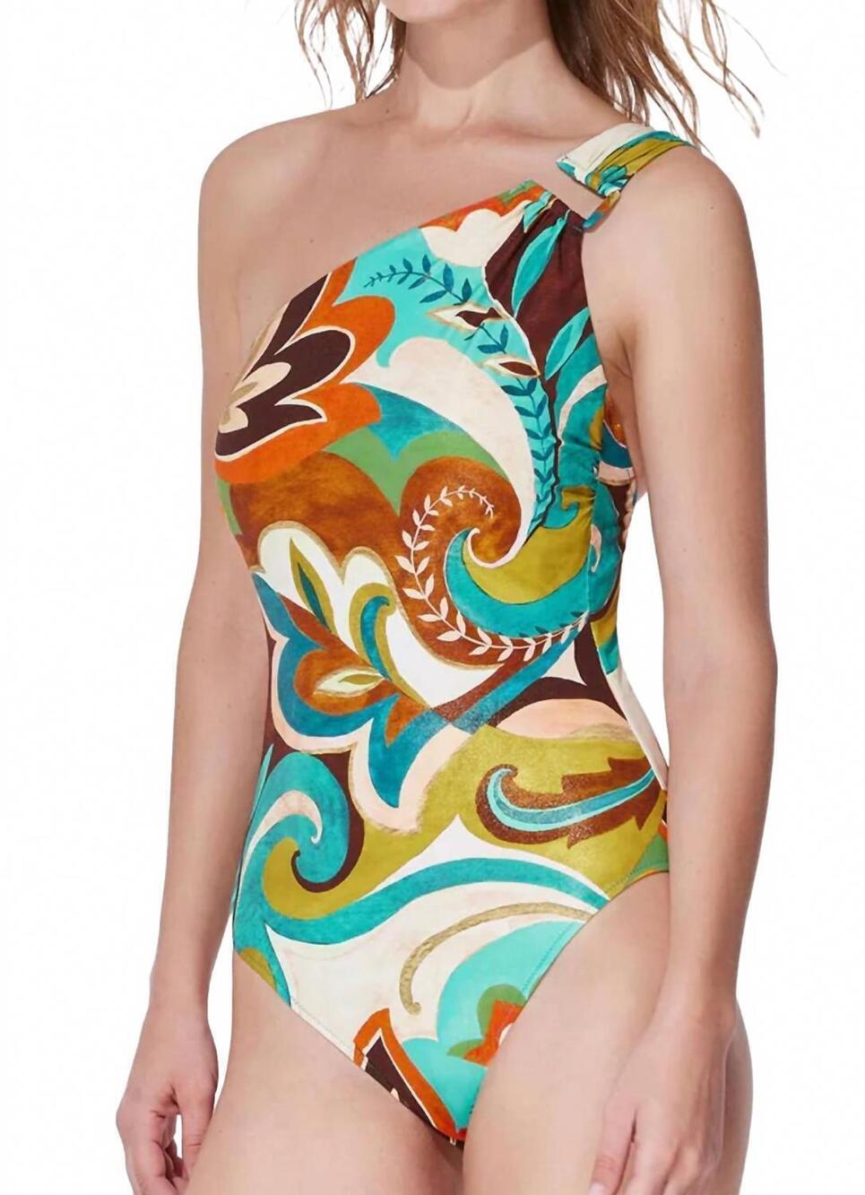 NEW GOTTEX porto one shoulder one piece in multi brown - Picture 3 of 5